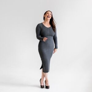 GUESS Gray, Midi Dress. Form-fitting. Size S. Long-sleeves. 2 Side Slits.